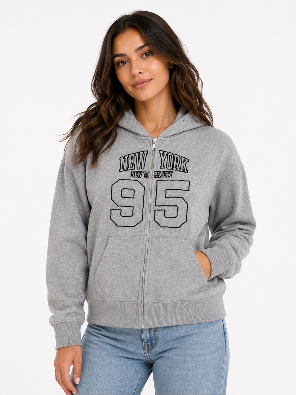 Forever 21 Gray Zip Hoodie with "New York 95" Graphic Small